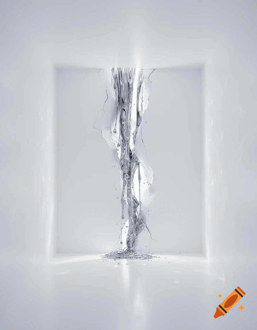 Silver liquid metal pours through a jagged opening in the ceiling of a pristine white, minimalist room, pooling on the floor.