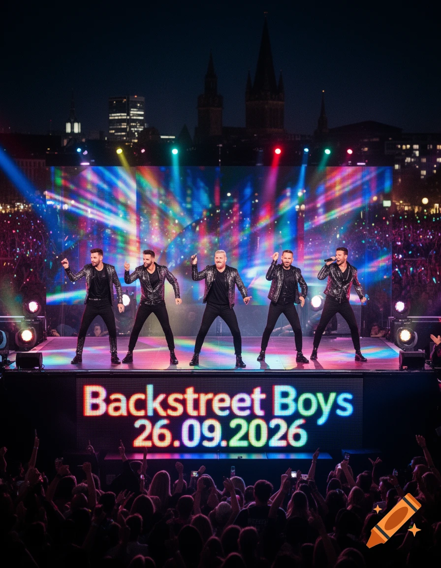 The Backstreet Boys performing live on a vibrant outdoor stage at night, with a screen showing 'Backstreet Boys 26.09.2026' above a cheering crowd.
