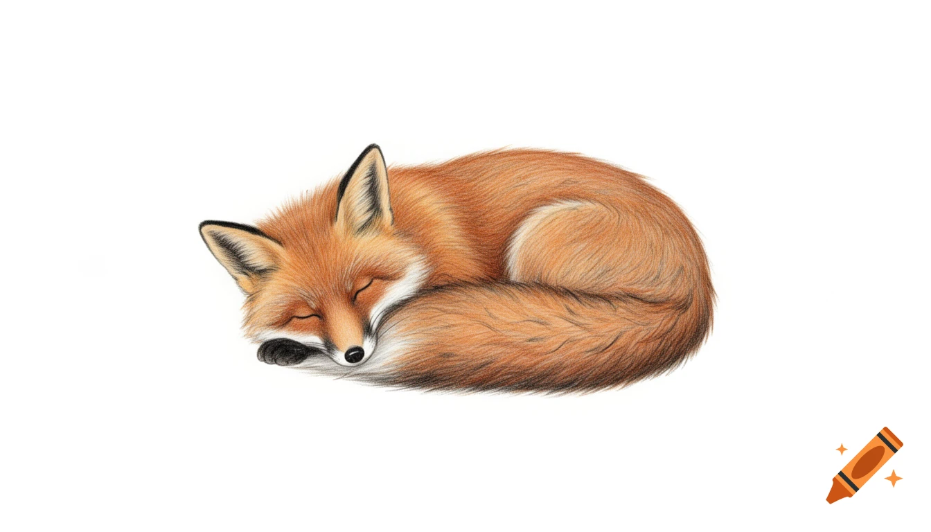 Watercolor illustration of a red fox curled up and sleeping peacefully on a white background.