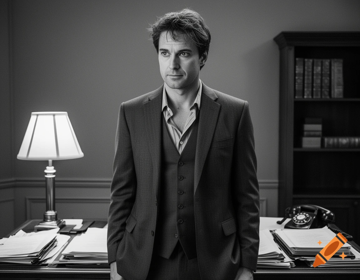 Black and white photorealistic portrait of a man in a suit standing behind a desk with a lamp and a bookshelf.
