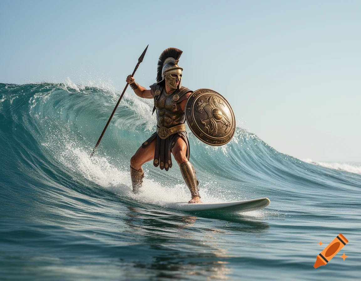 A Spartan hoplite in full armor surfs a large ocean wave, holding a spear and shield, photorealistic.