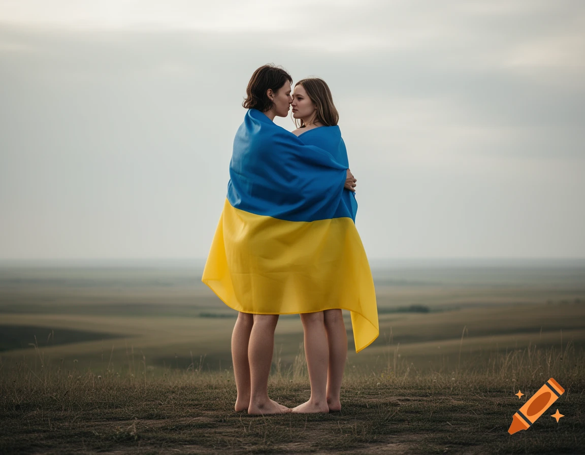 A couple wrapped in a Ukrainian flag embraces on a grassy hill overlooking a vast landscape under a cloudy sky.