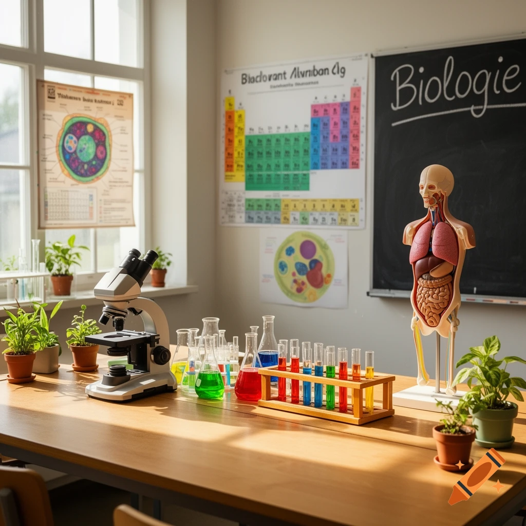 A sunlit biology classroom features a microscope, beakers with colorful liquids, test tubes, potted plants, a human anatomy model, and educational posters including a periodic table and cell diagrams, with "Biologie" written on a blackboard.