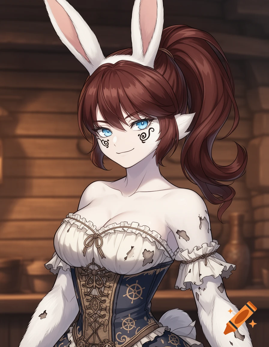 Anime-style bust portrait of a brown-haired rabbitfolk pirate with ice-blue eyes and dark swirls on her cheeks, wearing a damaged pirate dress and corset against a wooden background.