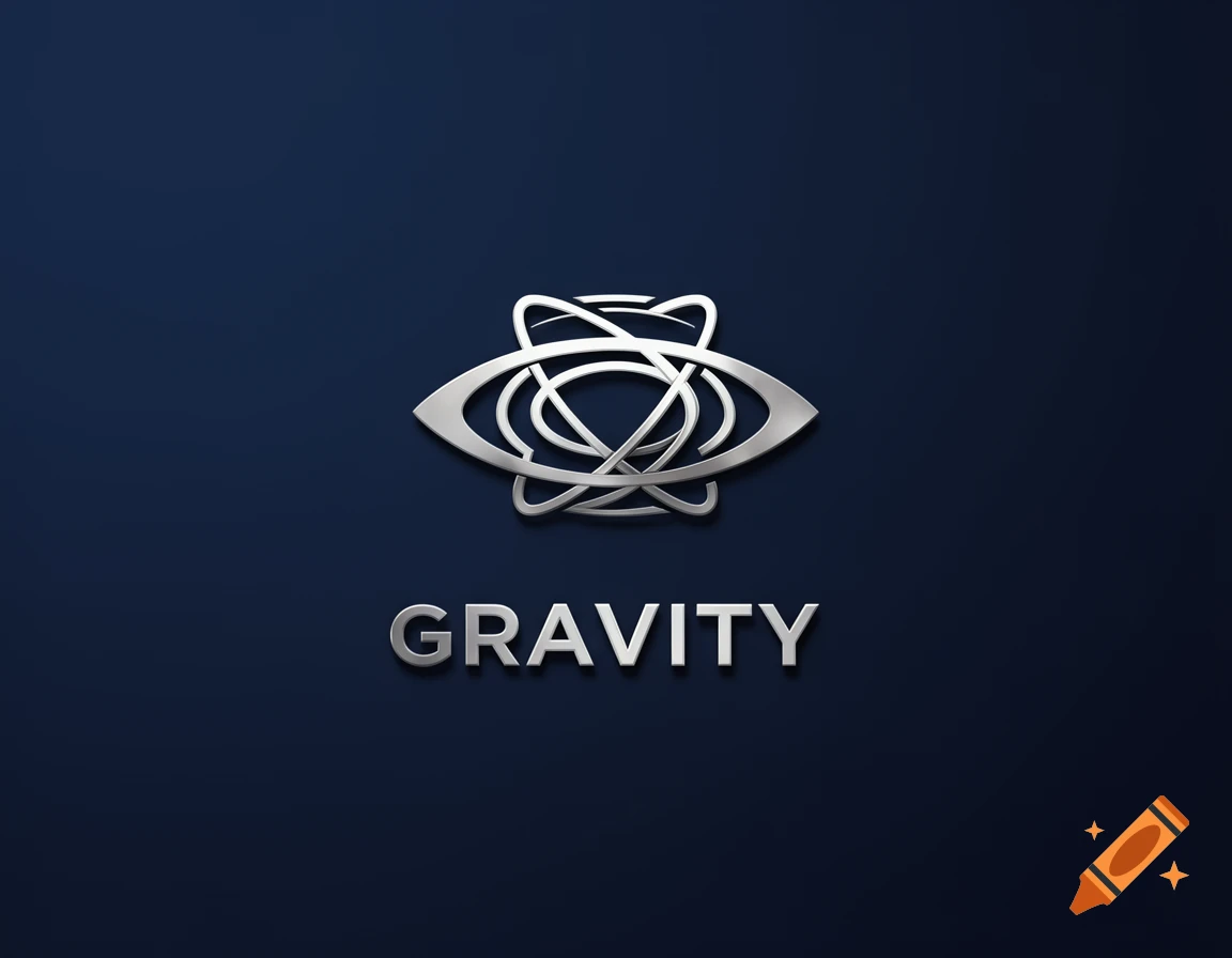 A silver metallic logo featuring an abstract eye-like shape with orbiting elements above the word 'GRAVITY' on a dark blue background.