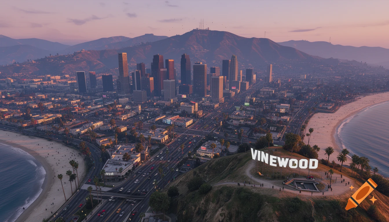 Aerial view of Vinewood, a sprawling city with skyscrapers, a beach, and mountains under a twilight sky.