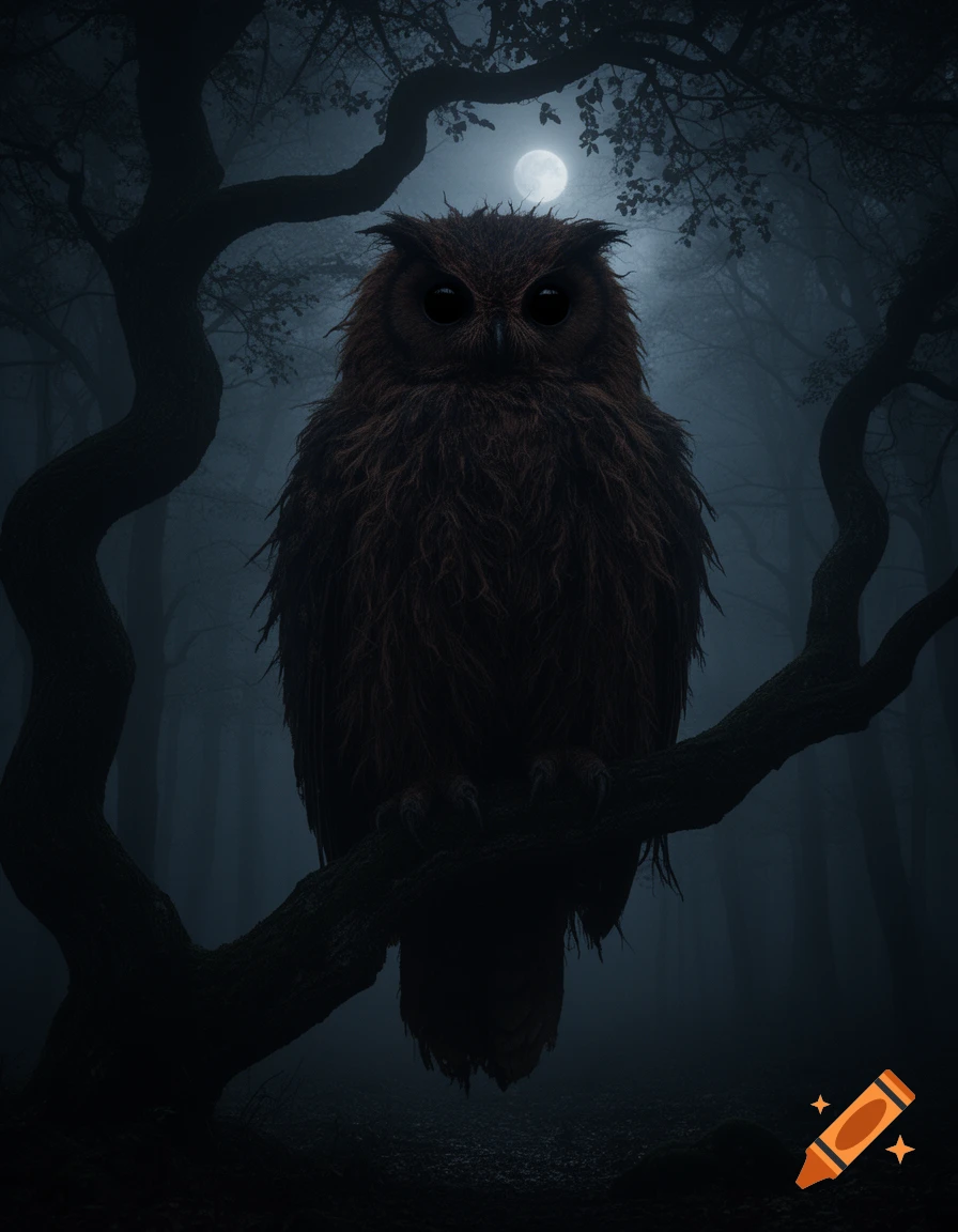 A colossal, shaggy brown owl with black eyes perches on a gnarled branch in a dark, foggy forest under a full moon, hyper-realistic, eerie.