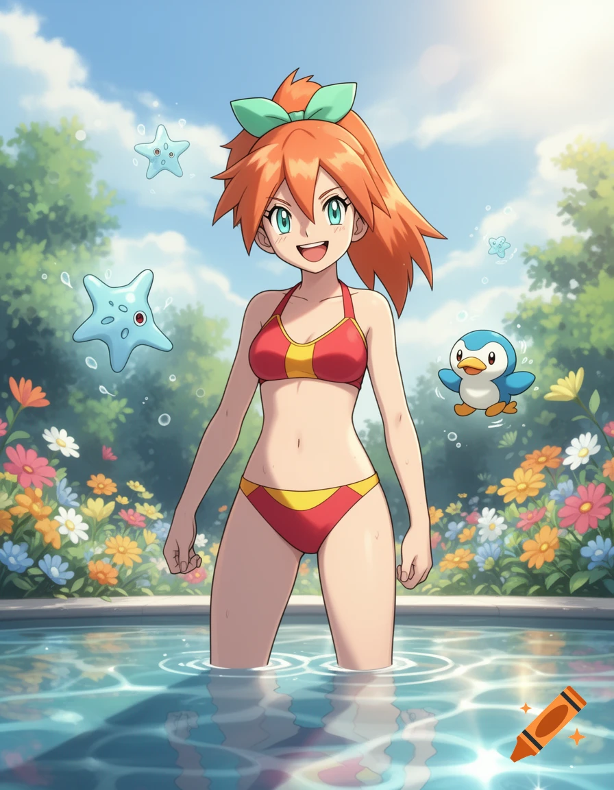 Anime-style Misty from Pokemon in a red bikini stands in a pool, with Staru and Piplup floating nearby among colorful flowers.