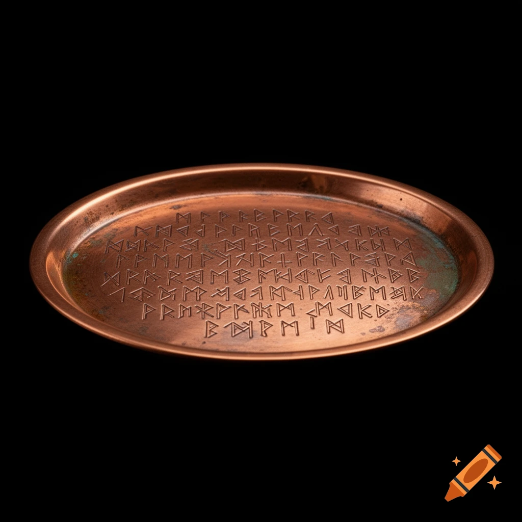 A photorealistic copper plate with engraved runic symbols, against a dark black background.