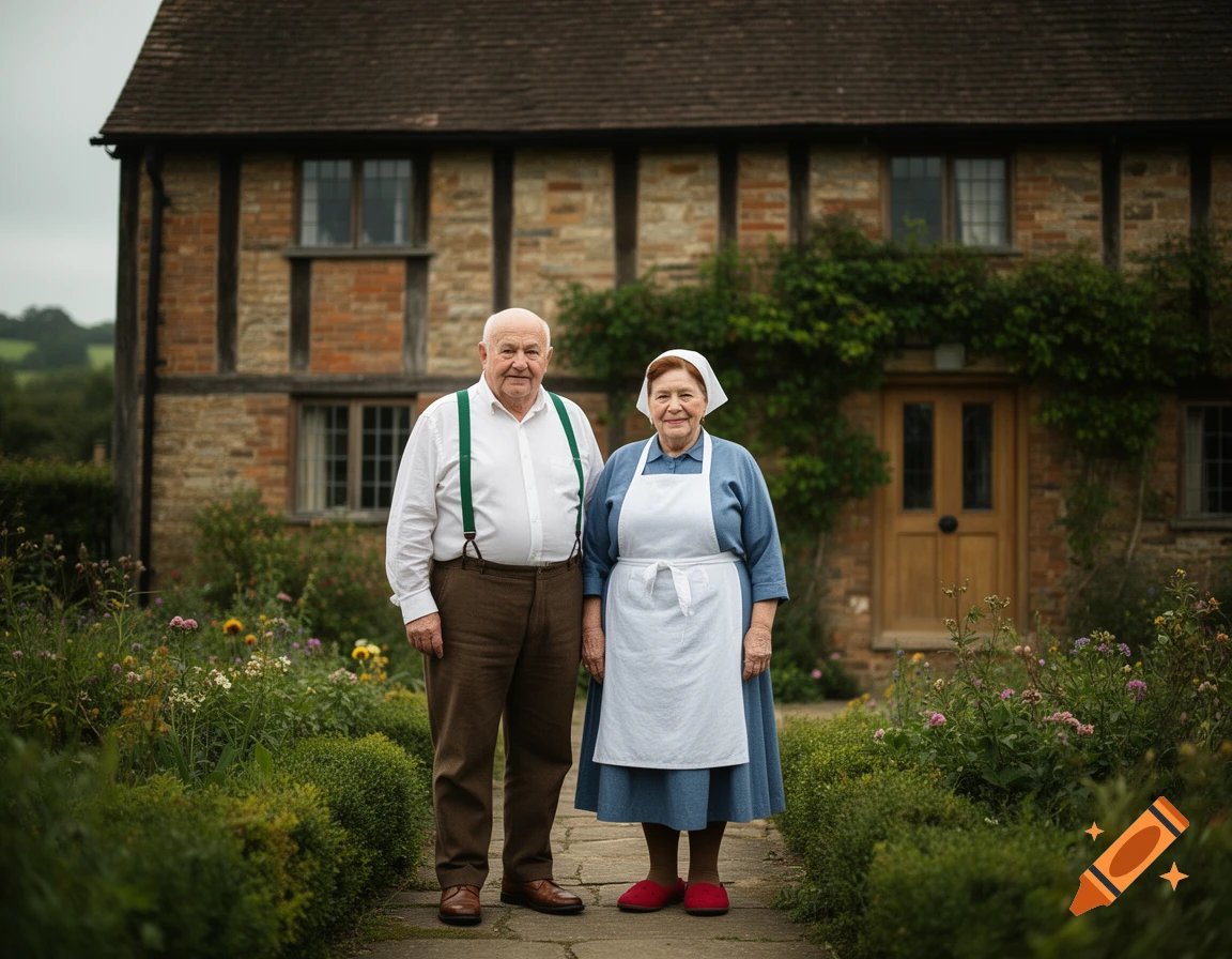 Photorealistic image of an elderly couple standing in front of a traditional English cottage in a garden.