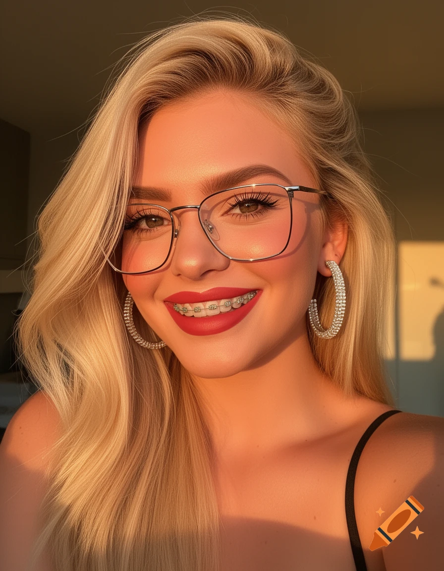 Close-up portrait of a blonde woman in glasses and braces, wearing red lipstick and large hoop earrings, illuminated by golden hour light.