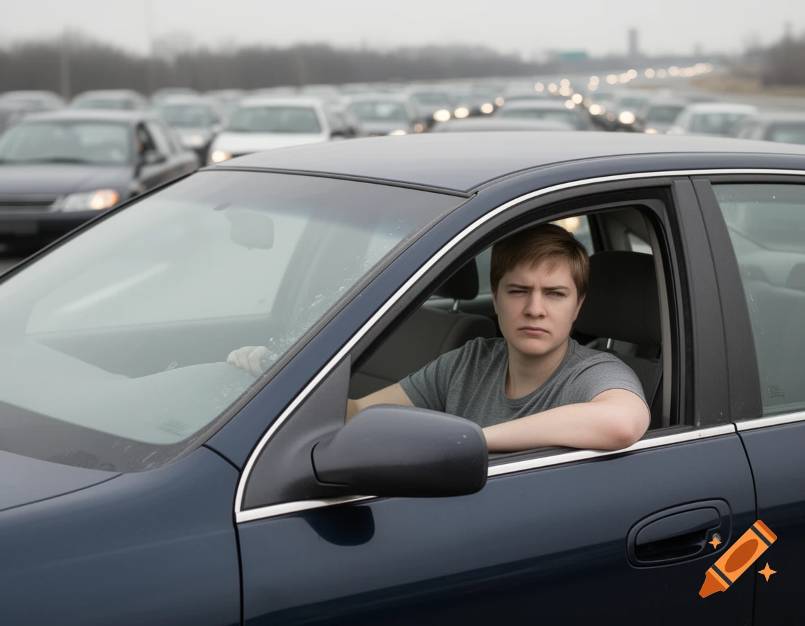 A young, annoyed person looks directly ahead while sitting in a car stuck in heavy traffic on a highway.