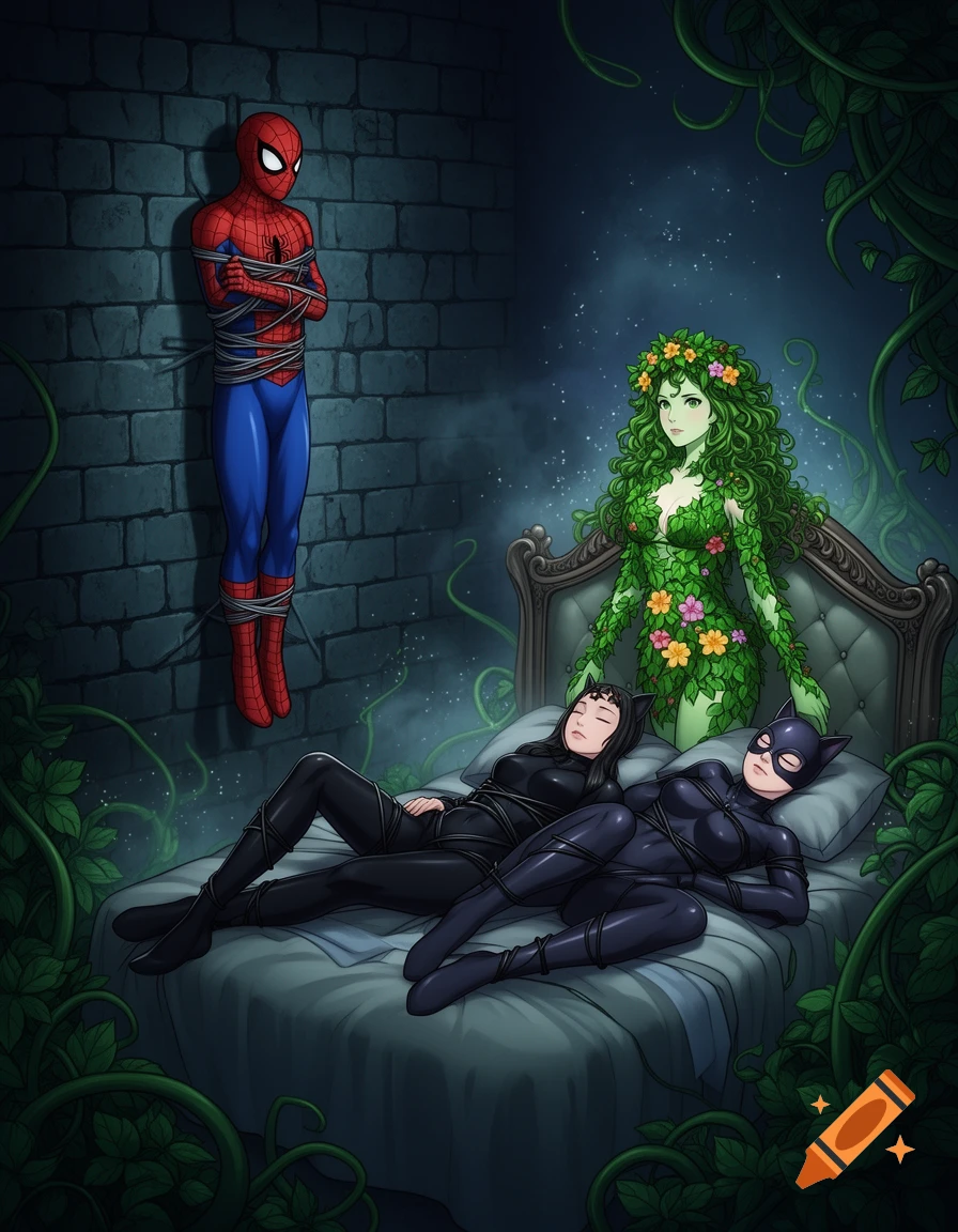 Spider-Man tied to a stone wall, while Poison Ivy stands behind a bed where two tied-up women resembling Black Cat and Catwoman lie, all in anime style.