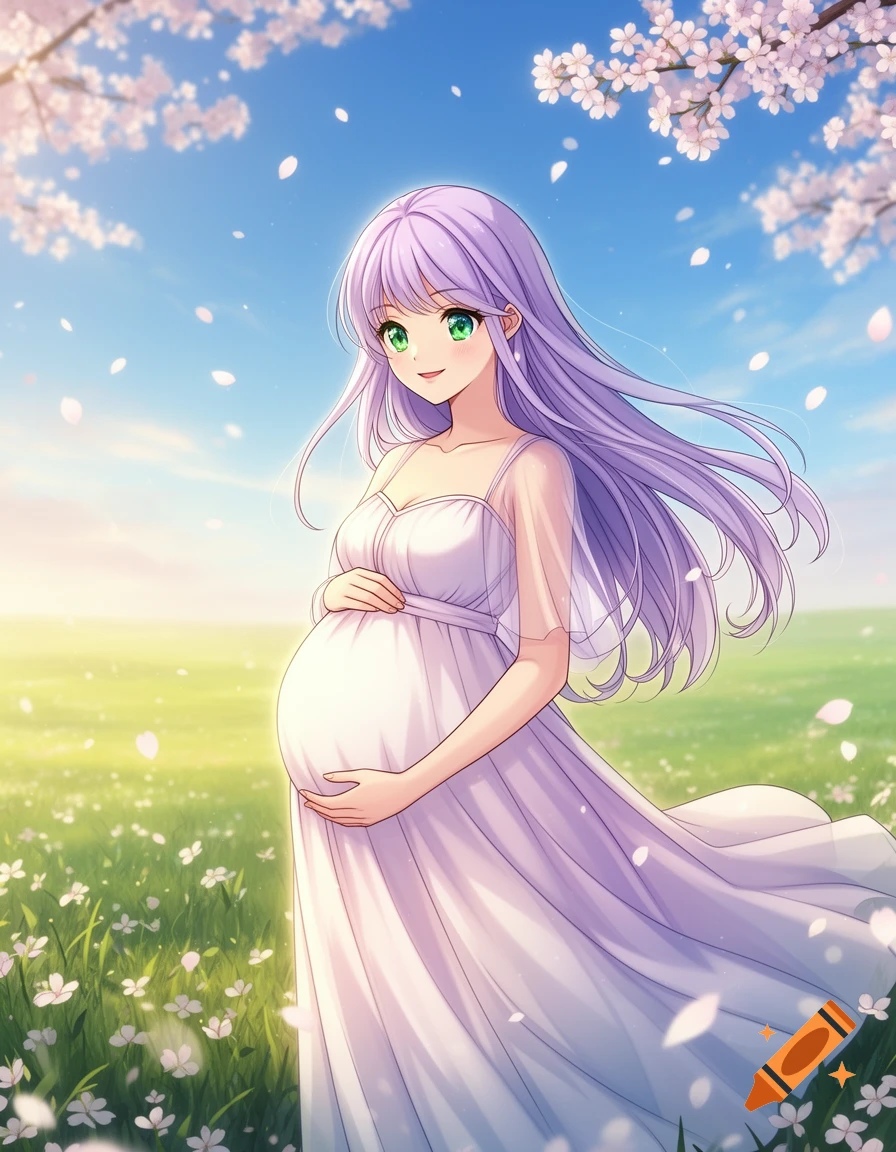 Anime pregnant woman with long purple hair and green eyes, wearing a white dress, standing in a sunny field with cherry blossoms.
