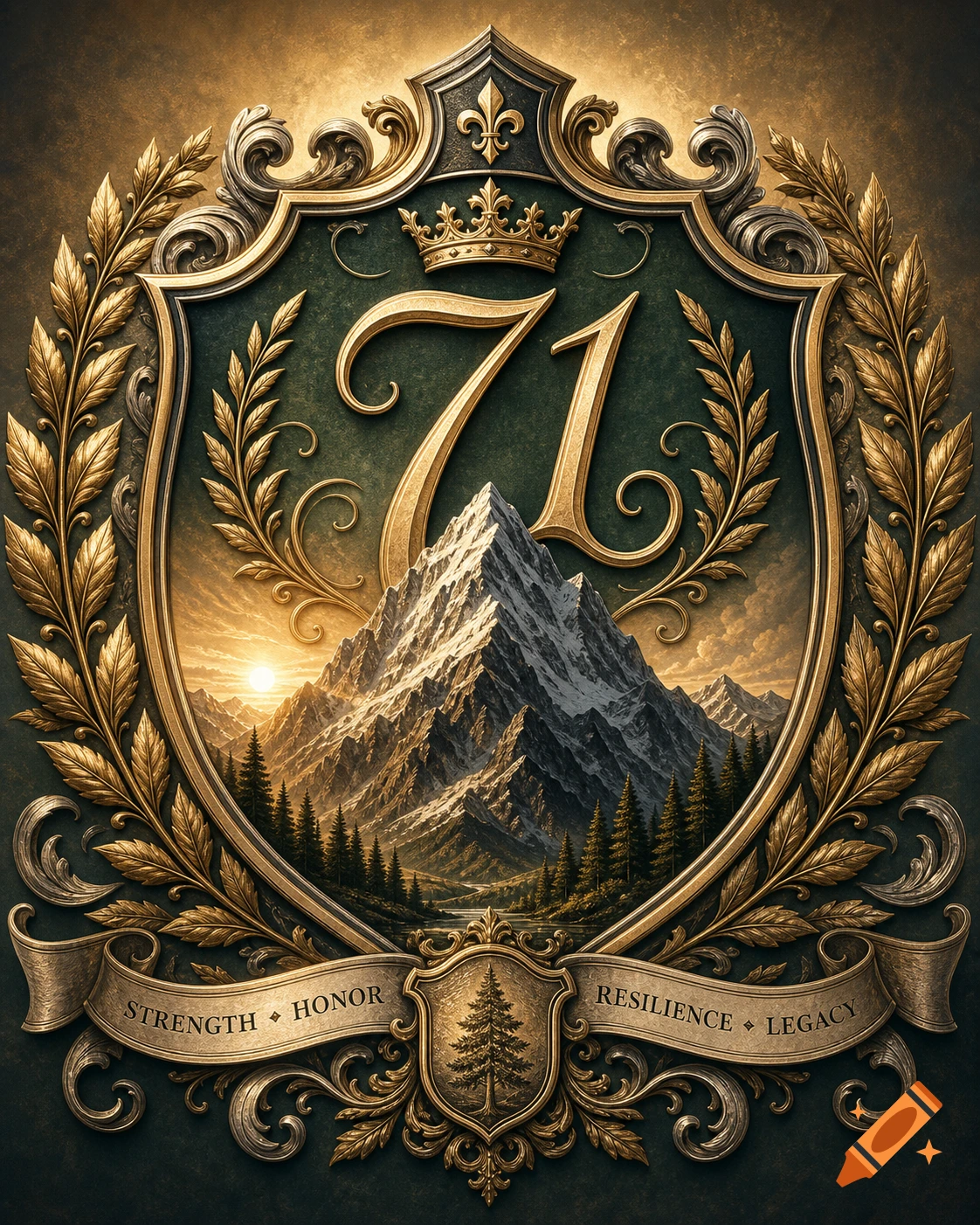 A golden and green heraldic shield with a crown, the number 71, and a majestic snow-capped mountain at sunset, framed by laurel branches and a banner with 'STRENGTH HONOR RESILIENCE LEGACY'.