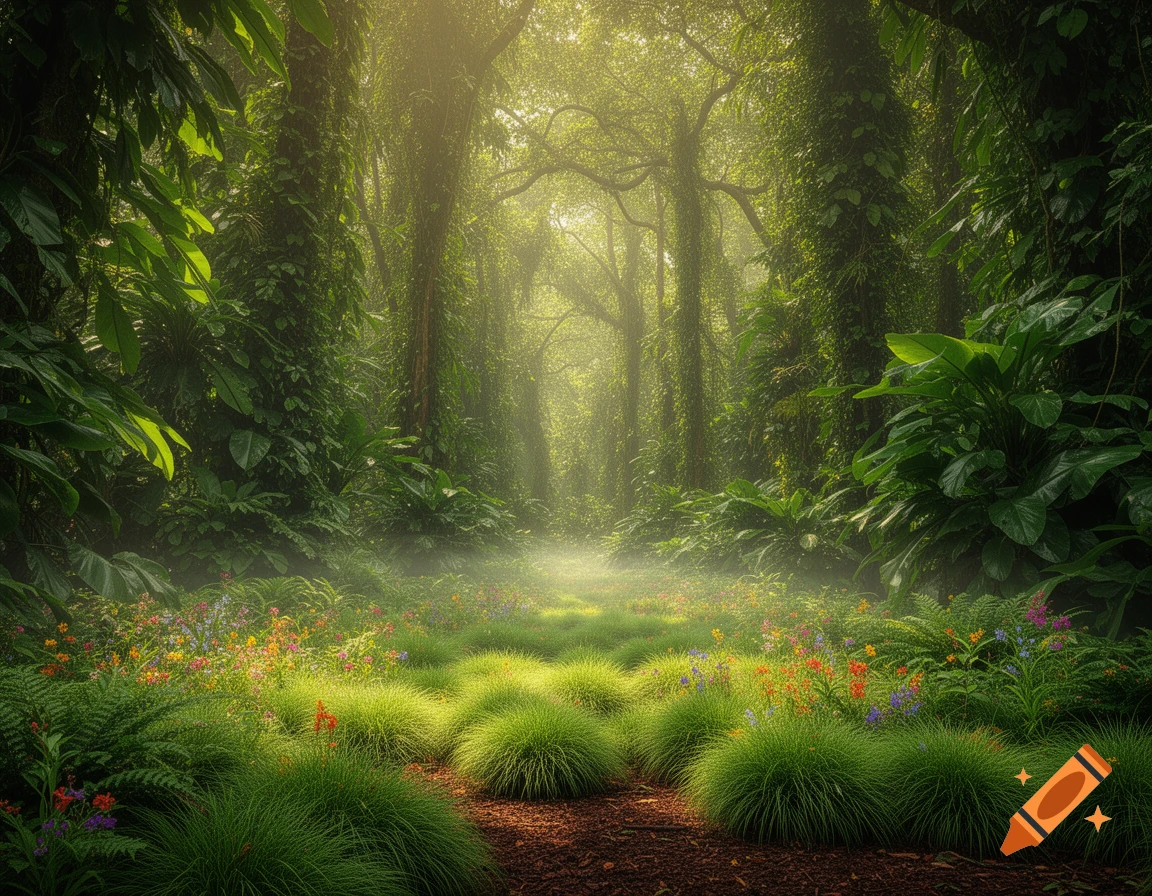 A lush, sun-dappled jungle path with dense green foliage, tall trees, colorful wildflowers, and grassy mounds leading into a foggy distance.