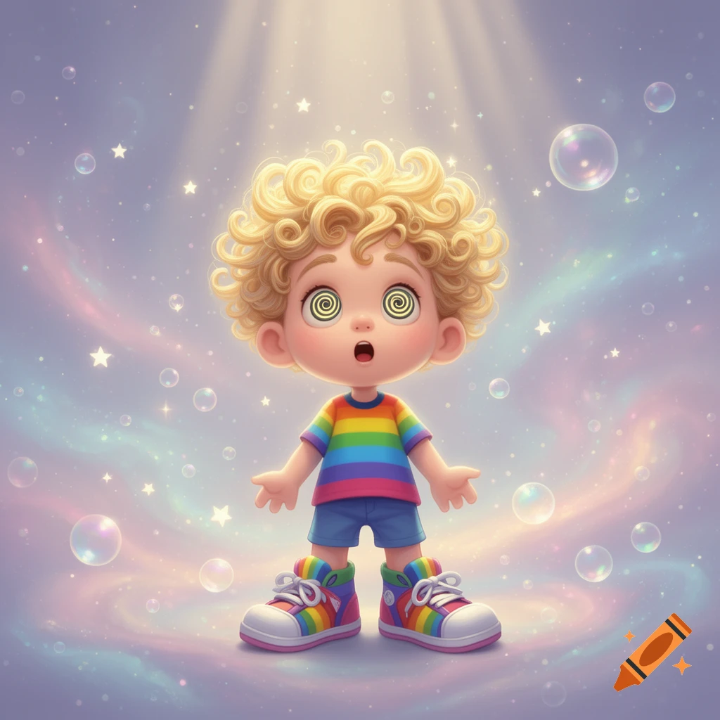 A cartoon boy with curly blonde hair and spiral eyes wears a rainbow shirt and shoes, standing amidst bubbles and stars under a magical light.