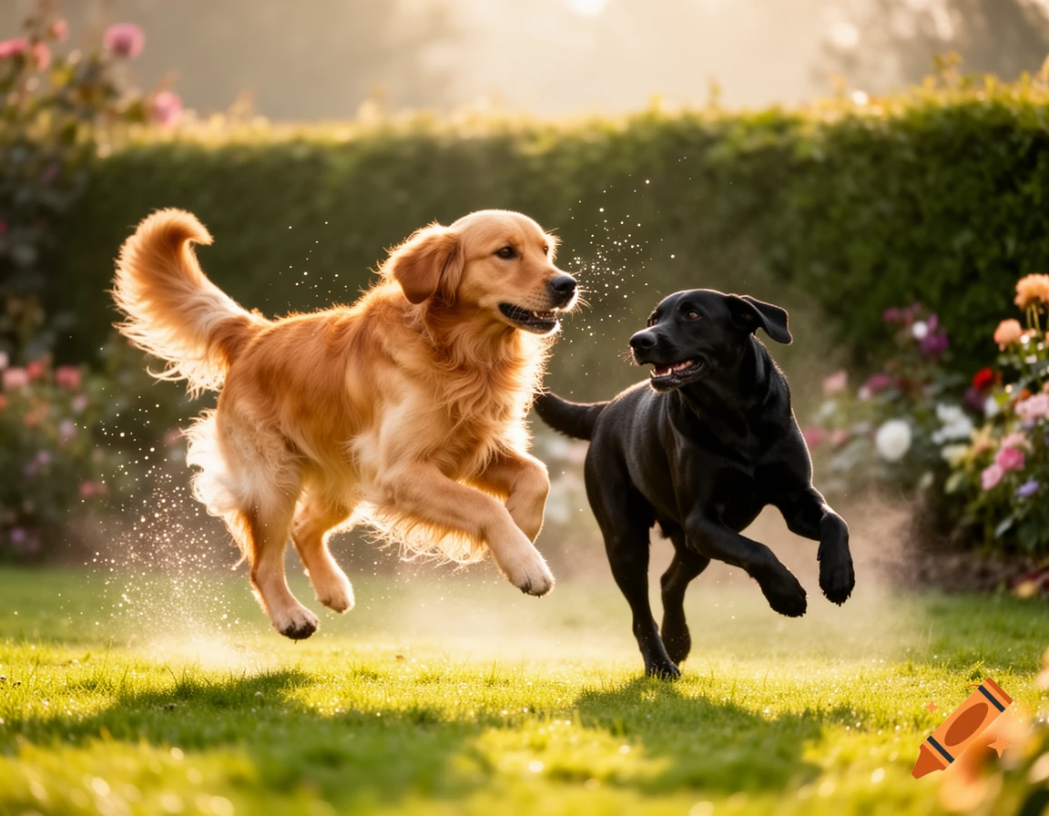 A golden retriever and a black Labrador retriever happily run through a sunny green garden, kicking up water or dust.