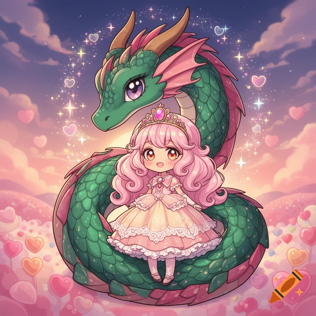 Kawaii anime princess with pink hair sitting on a green dragon amidst a magical sky with hearts and sparkles.