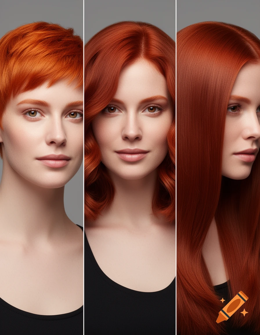 Split-screen portrait of a woman with three red hairstyles: short pixie, medium wavy bob, and long straight hair.
