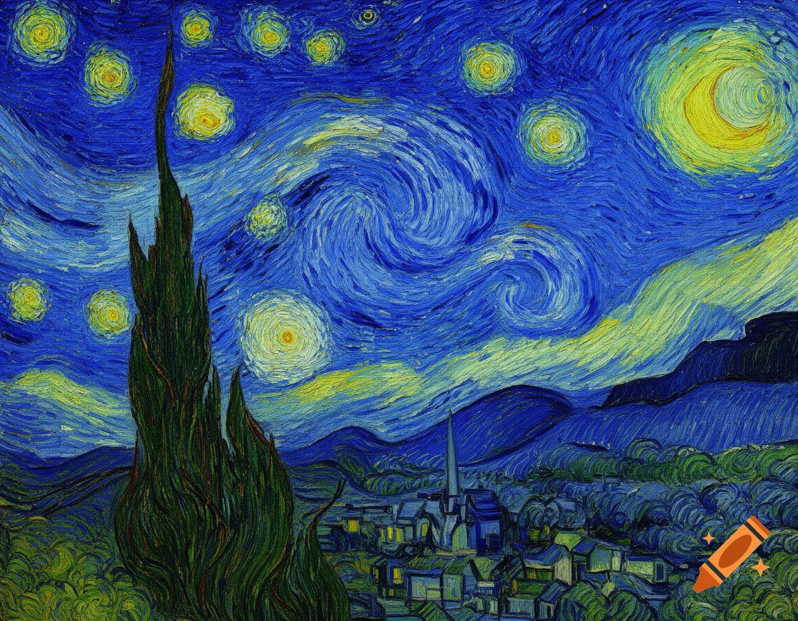 A vibrant Post-Impressionist oil painting with a swirling blue night sky, bright yellow stars and crescent moon, a tall cypress tree, and a small village below.