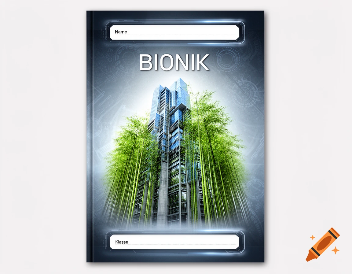 A modern book cover with 'BIONIK' title, 'Name' and 'Klasse' fields, featuring a skyscraper emerging from lush green bamboo.
