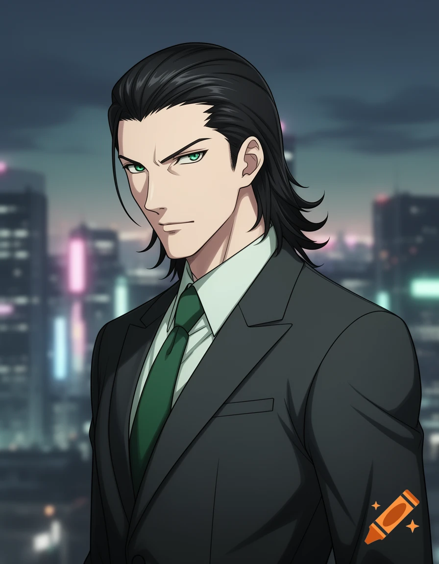 Anime man with black hair and green eyes wearing a dark suit and green tie, in front of a blurred city night background.