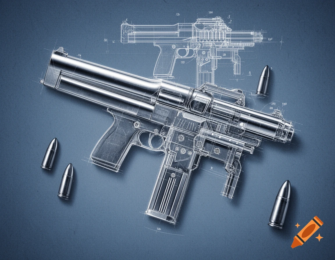 A detailed blueprint of a submachine gun with a metallic render effect, accompanied by four bullets, on a dark blue background.