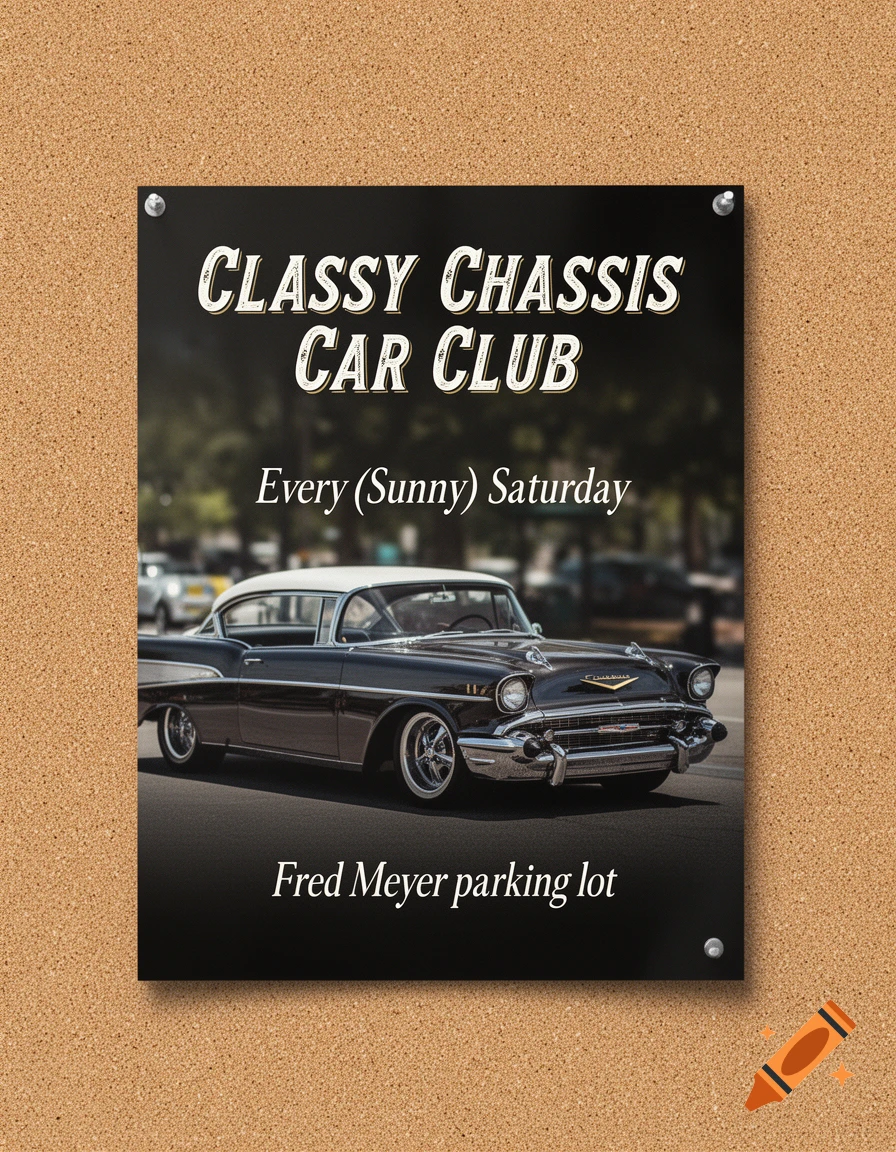 A black flyer for the 'Classy Chassis Car Club' featuring a black and white classic car, pinned to a corkboard.