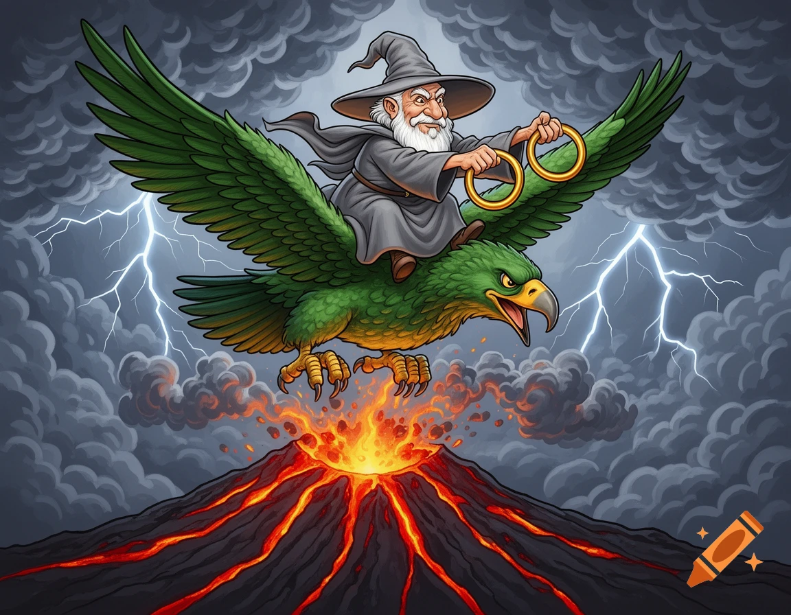 Cartoon wizard riding a giant green eagle over an erupting volcano with lightning in a stormy sky.