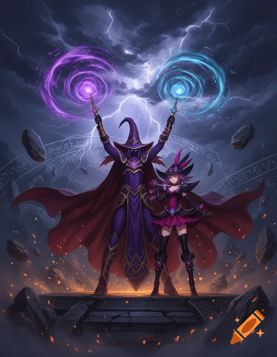 Fantasy digital illustration of Dark Magician and Dark Magician Girl holding wands with magical glowing spheres under a stormy sky.