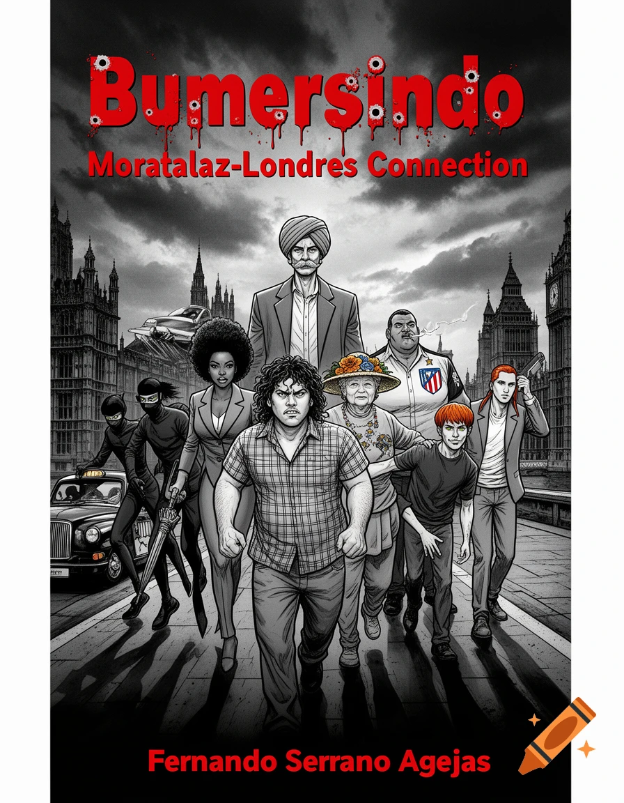 Comic book style illustration of a diverse group of characters walking forward on a street with a London cityscape and taxi in the background. The title "Bumersindo Moratalaz-Londres Connection" with bullet holes and blood is at the top, and "Fernando Serrano Agejas" is at the bottom.