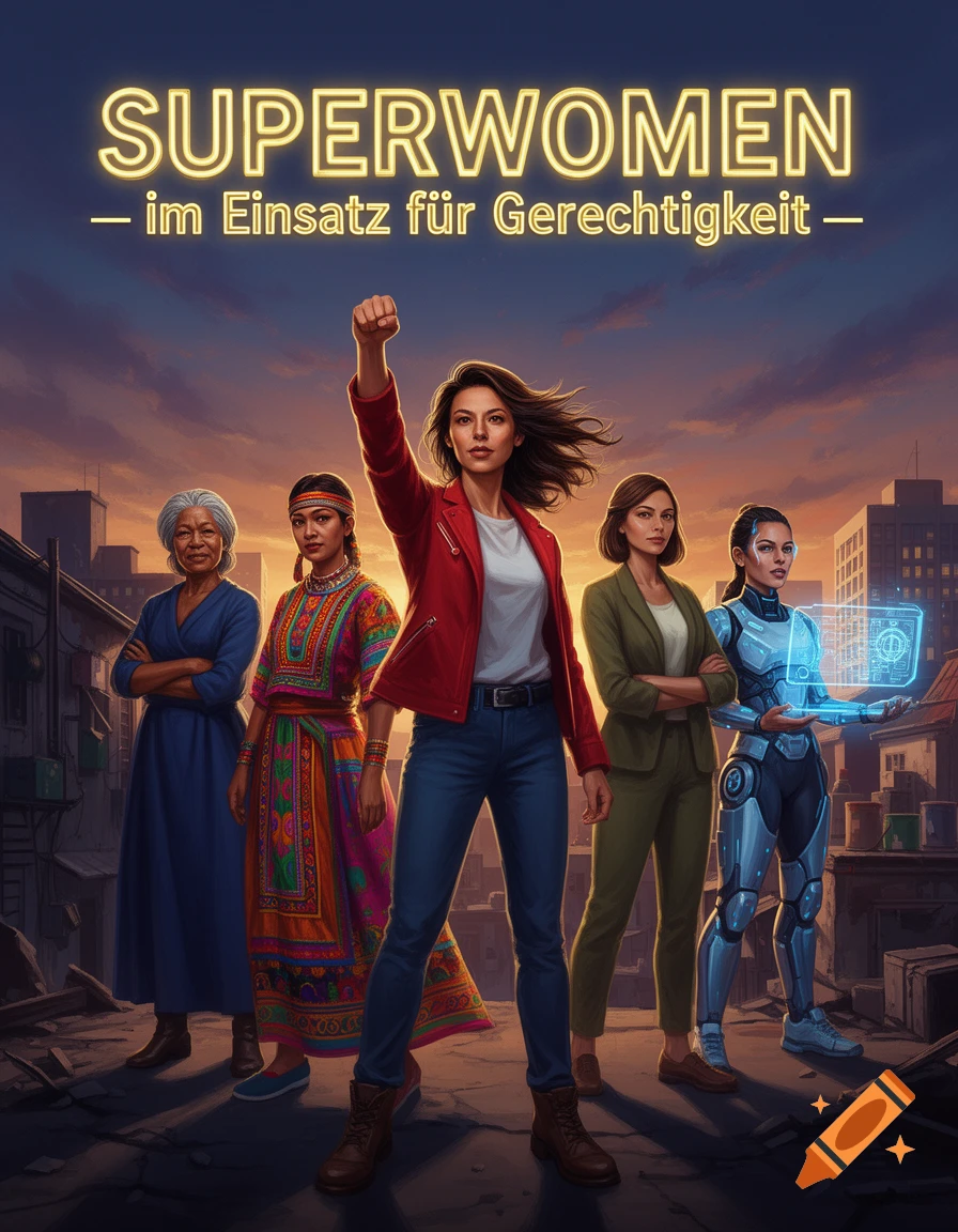 An illustration depicting five diverse women standing heroically in an urban setting at sunset, with "SUPERWOMEN - im Einsatz für Gerechtigkeit" glowing above them.