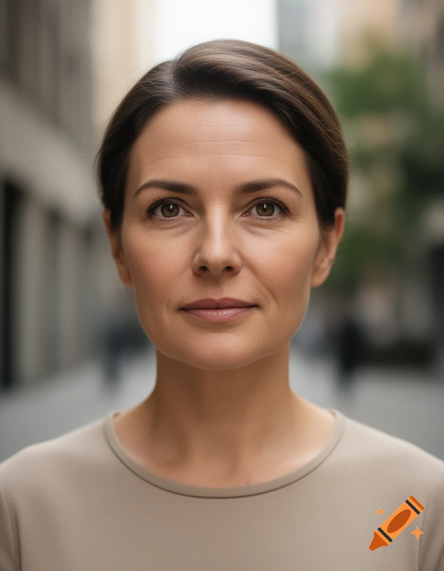 Close-up photorealistic portrait of a woman with short brown hair looking at the camera against a blurred urban background.