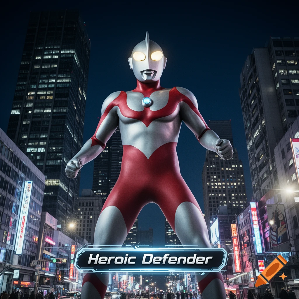 Giant Ultraman in a red and silver suit stands over a bustling city street at night with skyscrapers. Text reads 'Heroic Defender'.