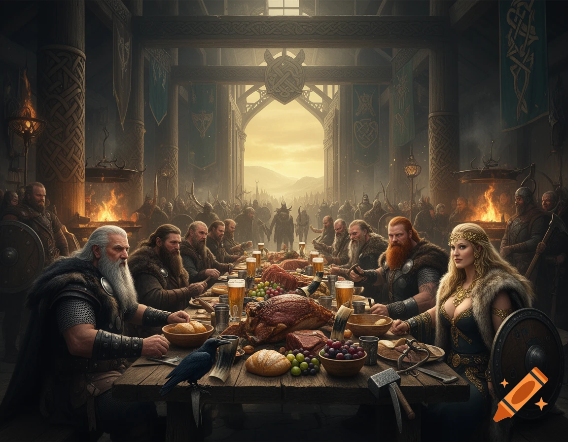 Photorealistic scene of Vikings and Norse gods feasting in a grand wooden hall filled with food, drink, and fire.