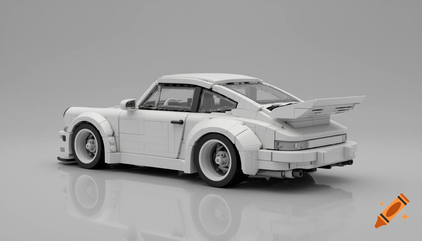 A white LEGO model of a Porsche 964 RWB car, viewed from the rear three-quarters, sitting on a reflective gray surface.