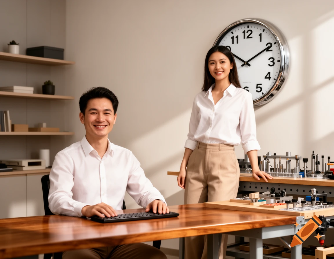 A man smiling at a desk with a keyboard, and a woman standing next to a workbench, a large clock behind them.