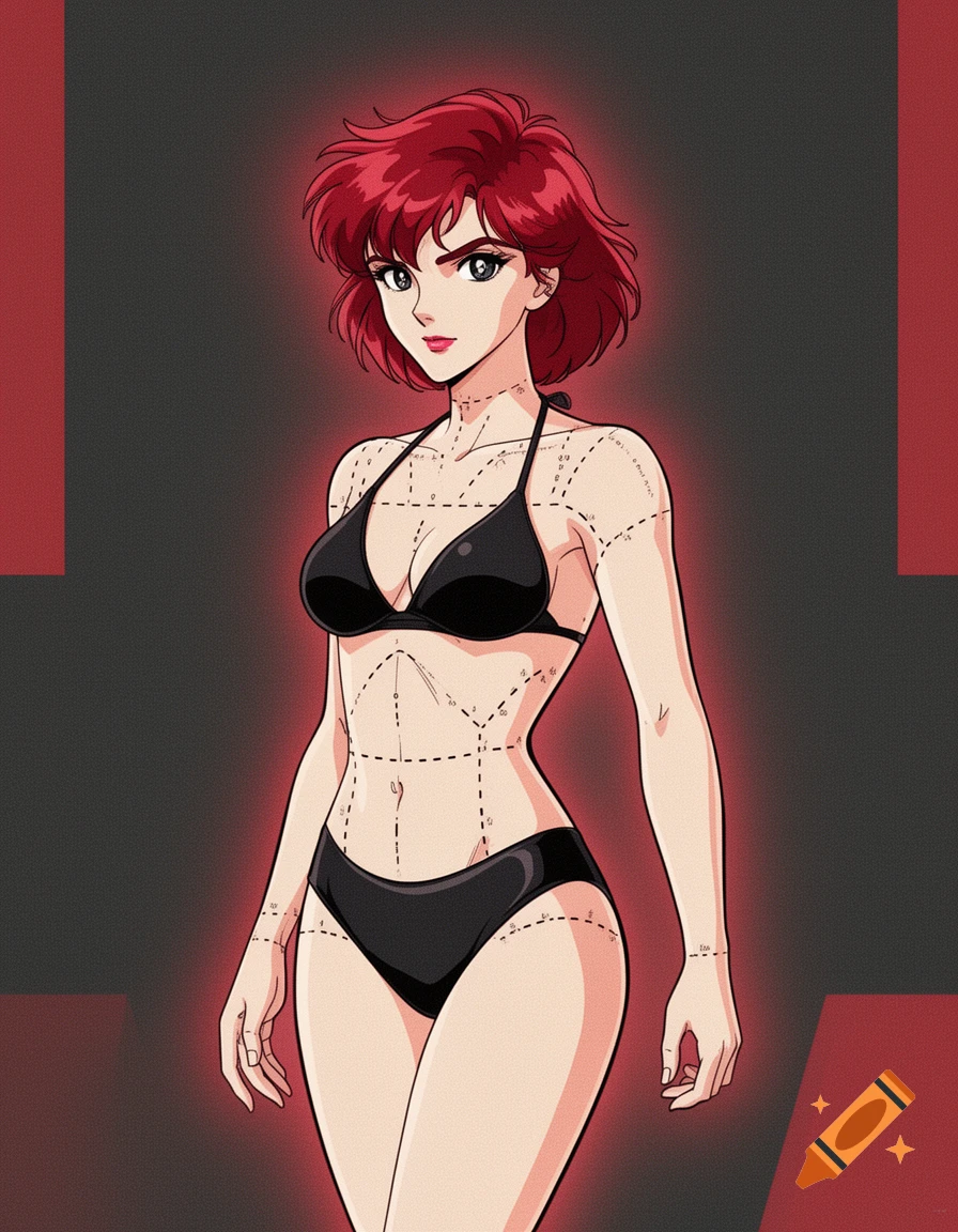 An 80s anime style illustration of a woman with short red hair and pale skin in a black bikini, with dotted lines on her body.