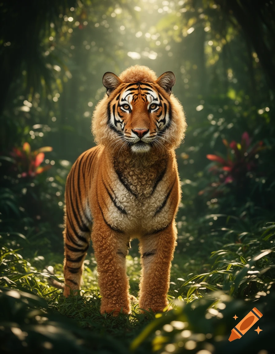 Photorealistic tiger with curly poodle-like fur standing in a lush, sunlit jungle.