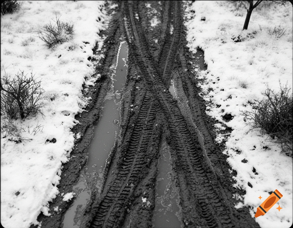 Black-and-white, top-down view of a muddy winter road with tire and tank tracks, puddles, and snow, resembling a 1944 Ardennes photograph.
