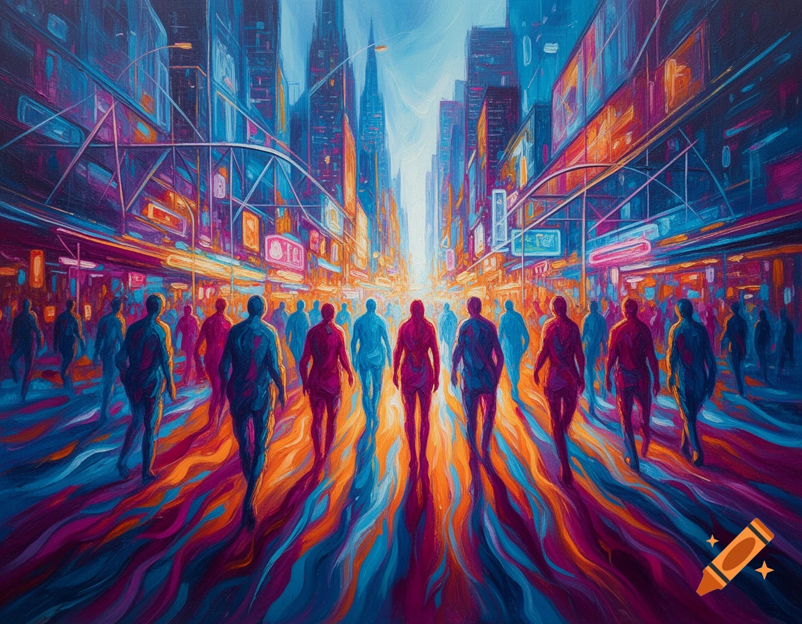 Vibrant abstract painting of many silhouetted people walking down a colorful city street at night, bathed in neon light.
