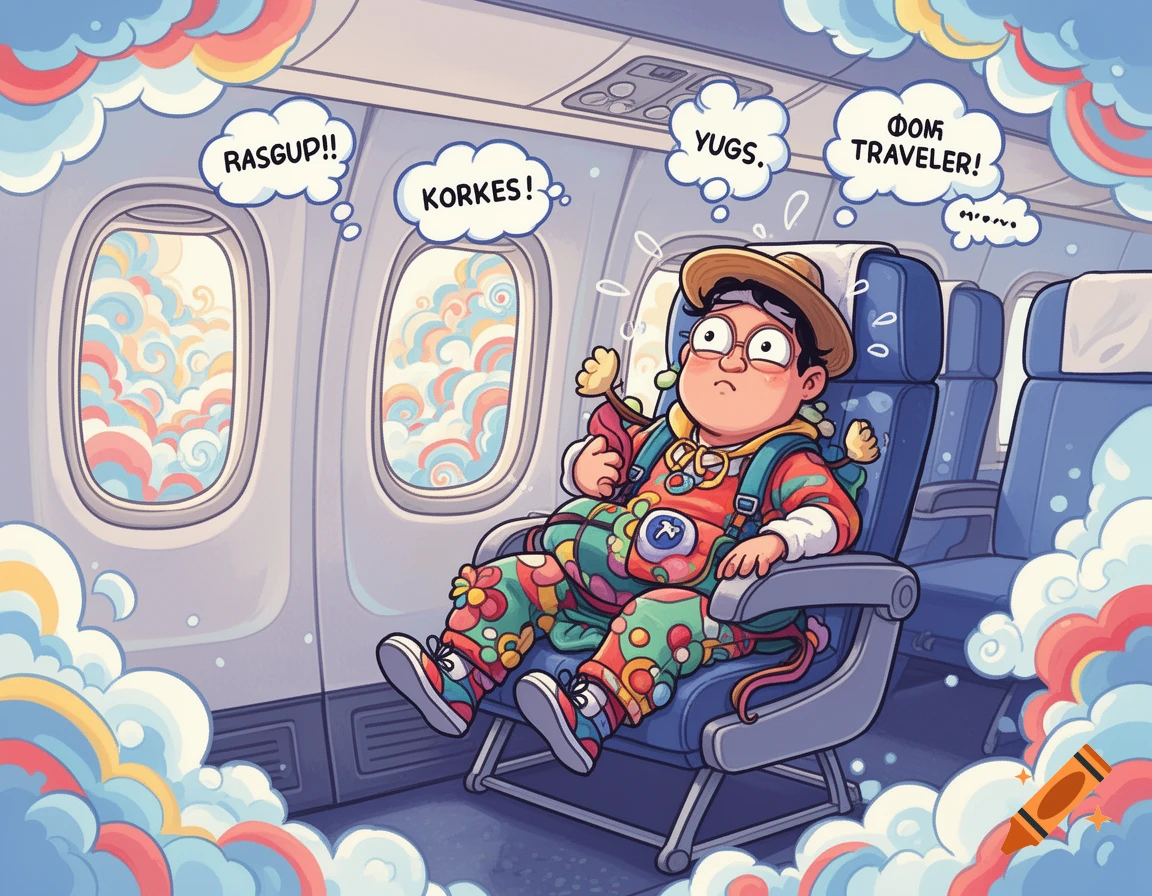 A cartoon person in a colorful outfit with a backpack and hat looks pensive while sitting in an airplane seat, surrounded by colorful, swirling clouds. Thought bubbles above their head contain garbled text.
