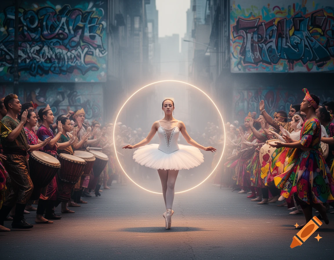 A ballerina dances on pointe within a glowing circle on a street, flanked by drummers in traditional attire and graffiti-covered buildings.