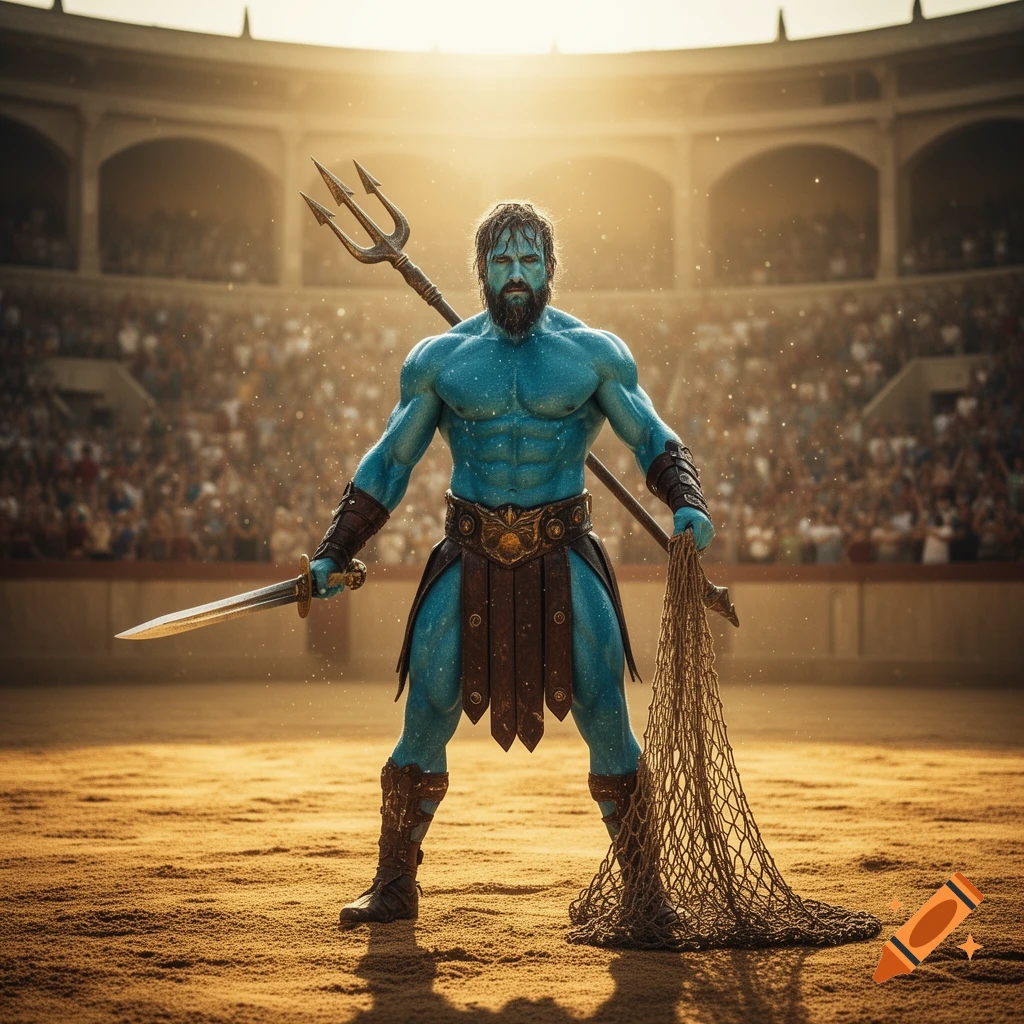 A photorealistic image of a blue-skinned, bearded gladiator with a short sword, trident, and net, standing in a sandy arena.