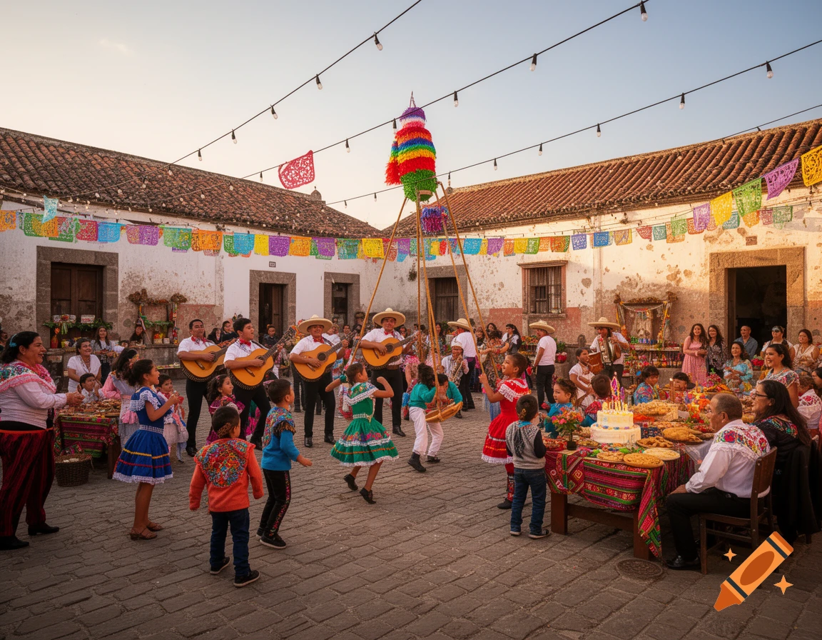 A lively outdoor Mexican birthday party in an old pueblo plaza, with mariachi musicians, children dancing, and a festive table.