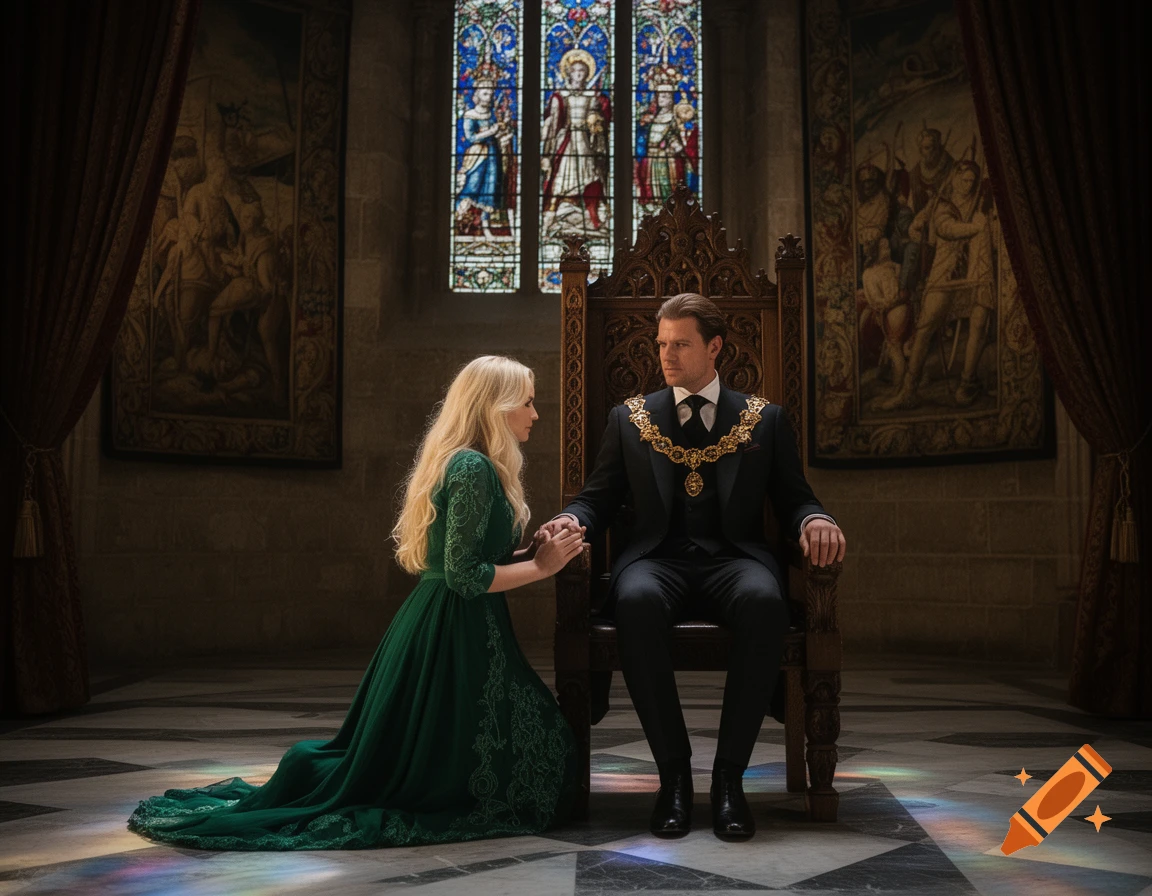 A woman in a green dress kneels before a man on an ornate throne in a grand hall with stained glass windows.