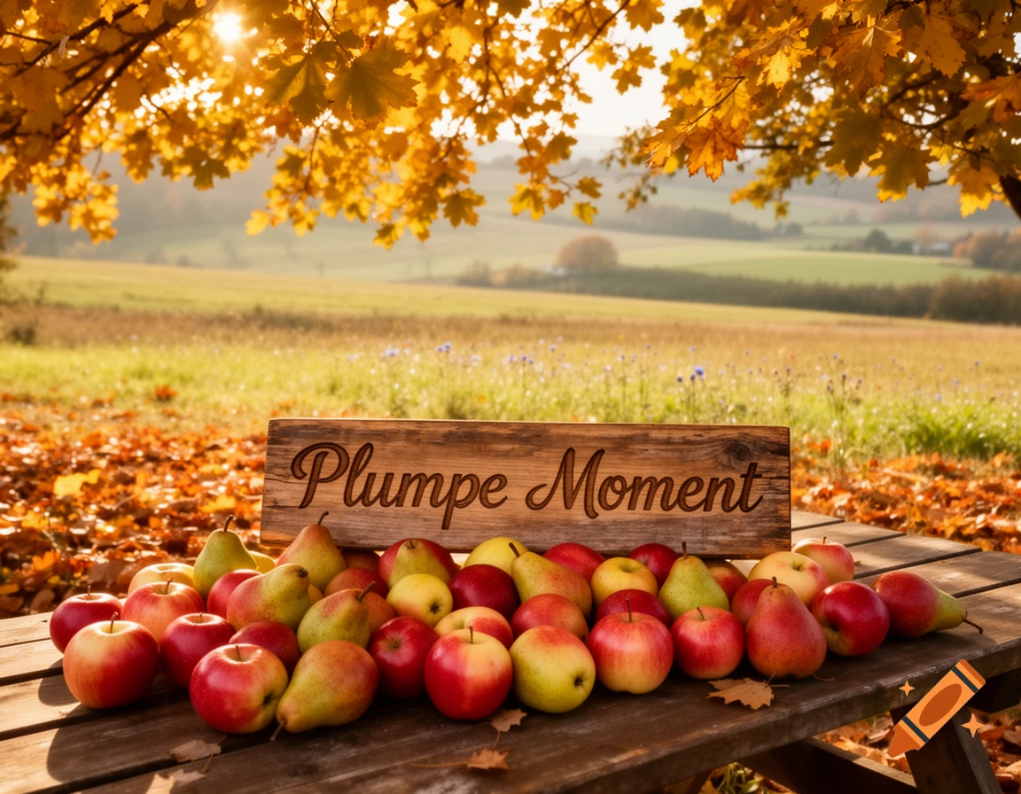Red apples and green pears on a wooden table with a "Plumpe Moment" sign, set in an autumn landscape with golden trees and a field.