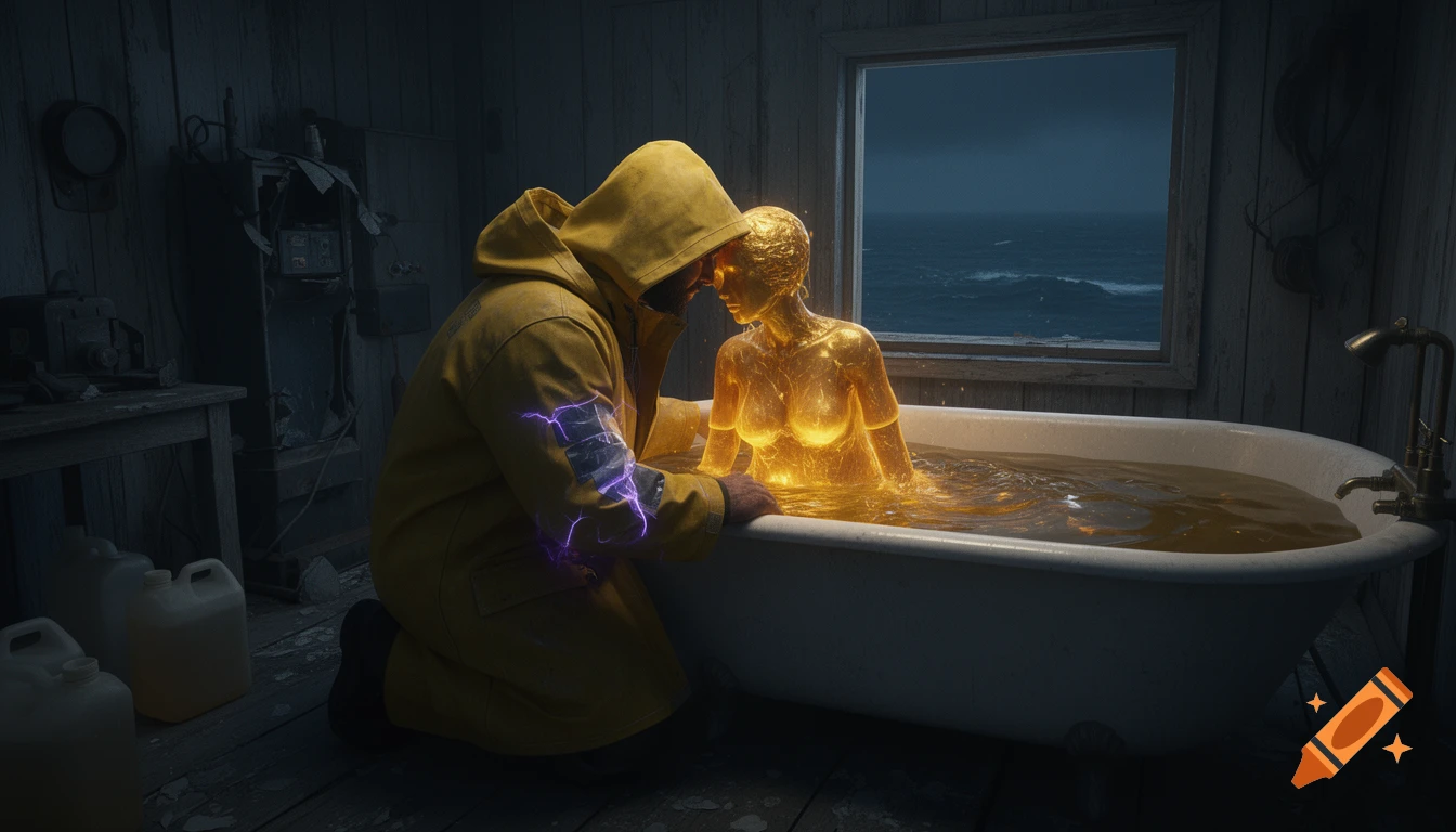 A man in a yellow raincoat kneels by a bathtub, pressing his forehead against a shimmering golden humanoid figure emerging from the oil-filled tub, with a stormy ocean visible through a window.