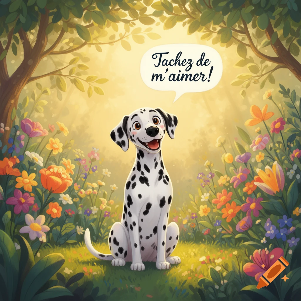 A happy cartoon dalmatian sits smiling in a lush, colorful field of flowers with trees, a speech bubble saying "Tachez de m'aimer!"